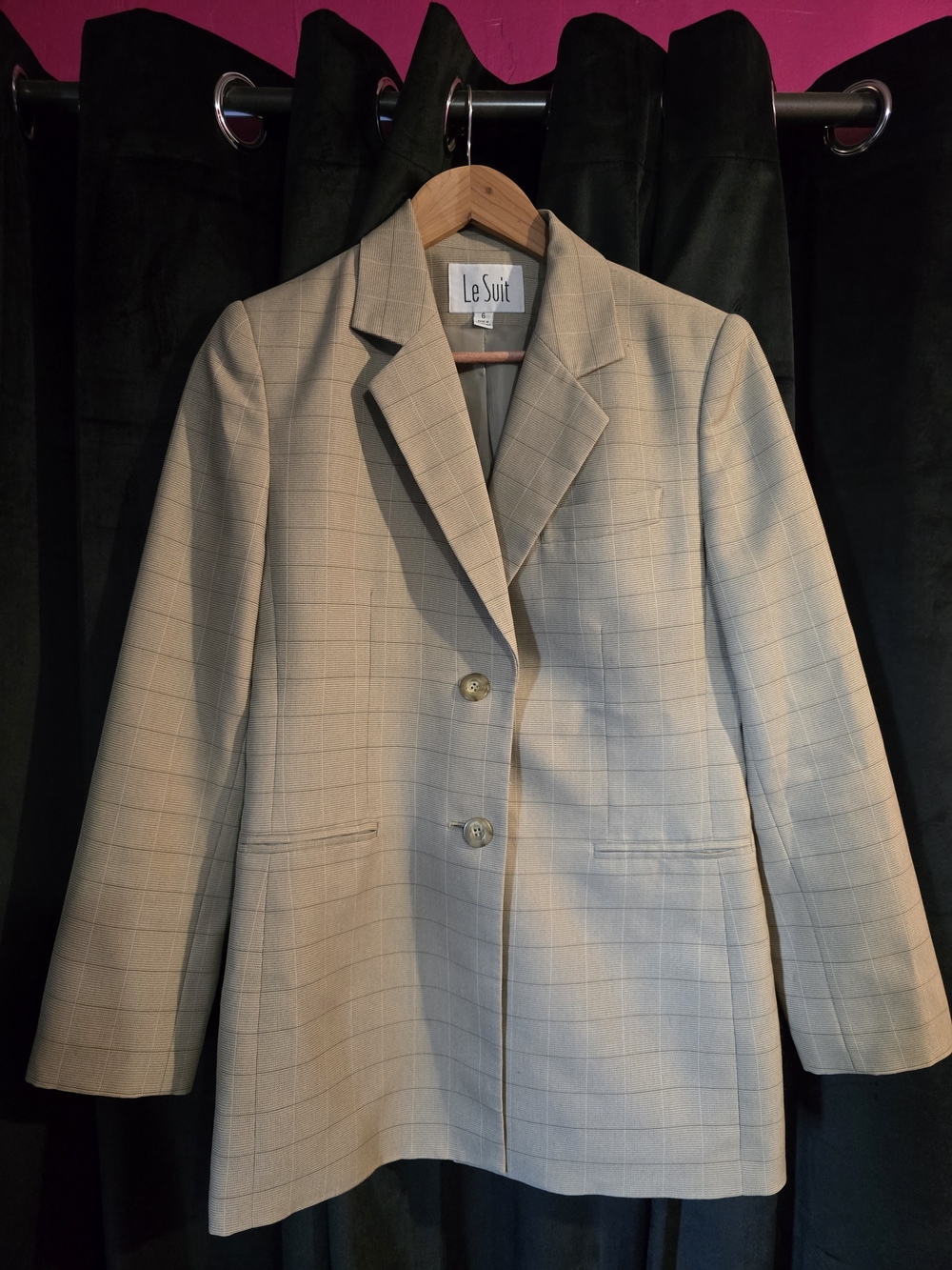 Le Suit Beige Windowpane Plaid Women's Blazer